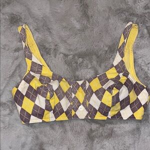 Perfection Fit by Roxanne Yellow Brown White Argyle Crop Top Vintage 14 36 B Cup